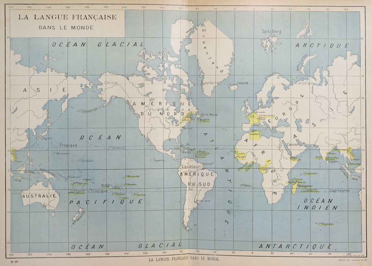 Mapa do mundo dos países de língua francesa, início do século 20 de French School