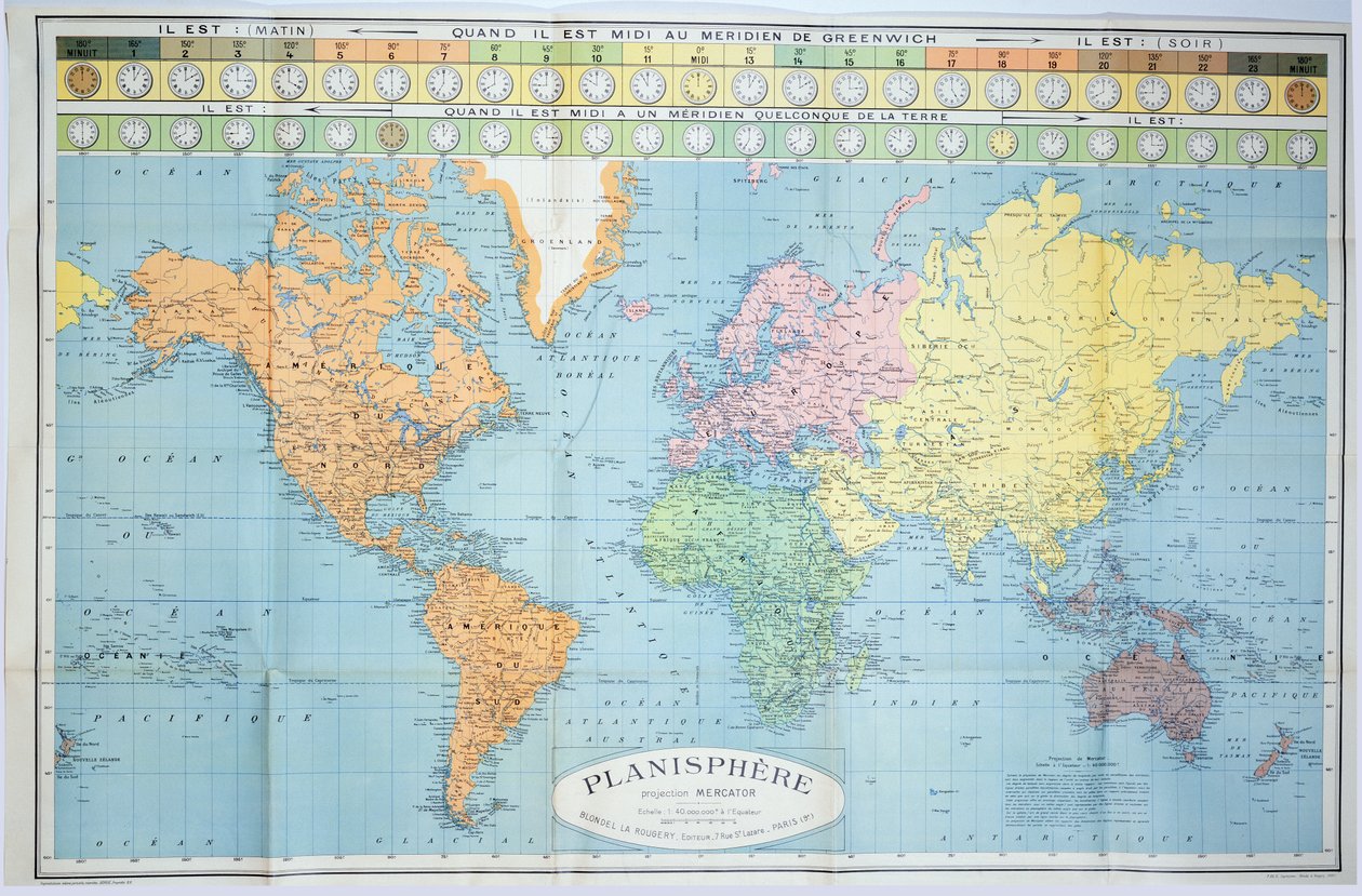 Mapa mundial dos diferentes fusos horários, publicado por Blondel La Rougery em Paris, c.1920 de French School