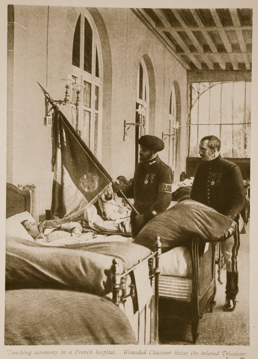 Chasseur ferido beija o amado Tricolor, 1914-19 de French School