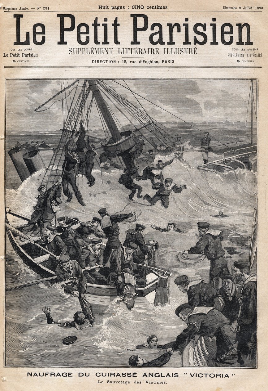 Naufrágio da armadura inglesa "Victoria" após uma colisão na costa da Síria e resgate das vítimas. Um dos jornais " Le petit Parisien" em 9/07/1893 (gravura) de French School