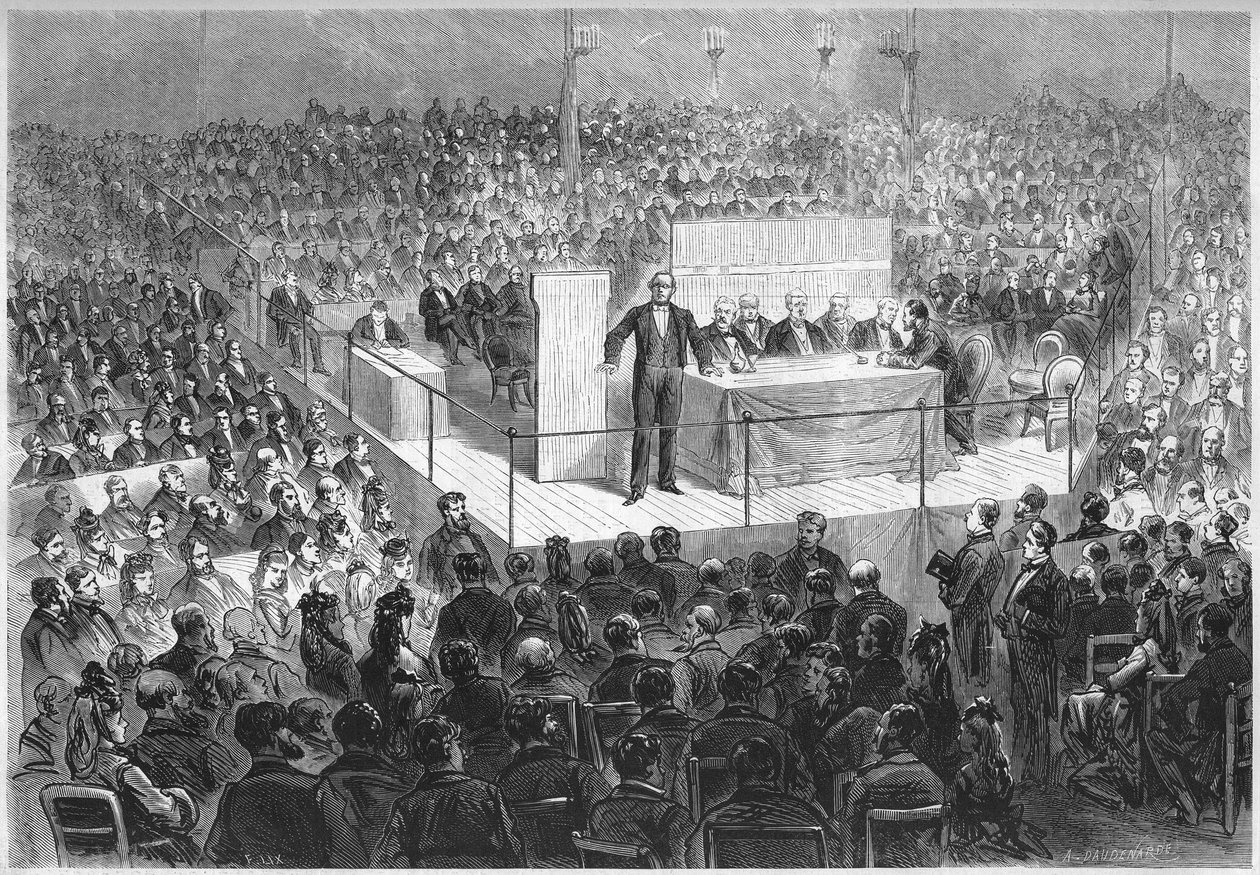 O escritor Ernest Legouve (1807-1903) preside a uma "reunião patriótica" organizada para levantar fundos para resgatar os departamentos franceses ocupados pela Alemanha desde o fim da Guerra de 1870. Paris, circo dos Campos Elíseos, 25 de fevereiro de French School