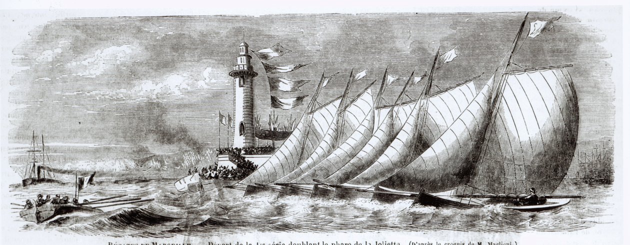 Iates ao redor do Farol de Joliette durante a Regata de 1864 em Marselha, do Le Monde Illustre, 17 de setembro de 1864 de French School