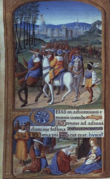 Yates Thompson 5 f.48v Adoração dos Magos, das Horas Tilliot, Tours (velino) (detalhe de 20292) de French School