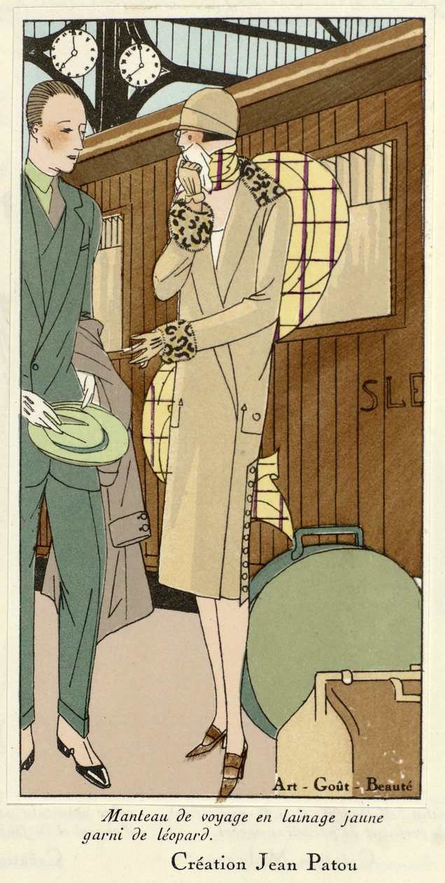 Casaco de viagem em lã amarela com remate em leopardo, de Art-Gout-Beaute, pub.1920 (estampa de pochoir) de French School