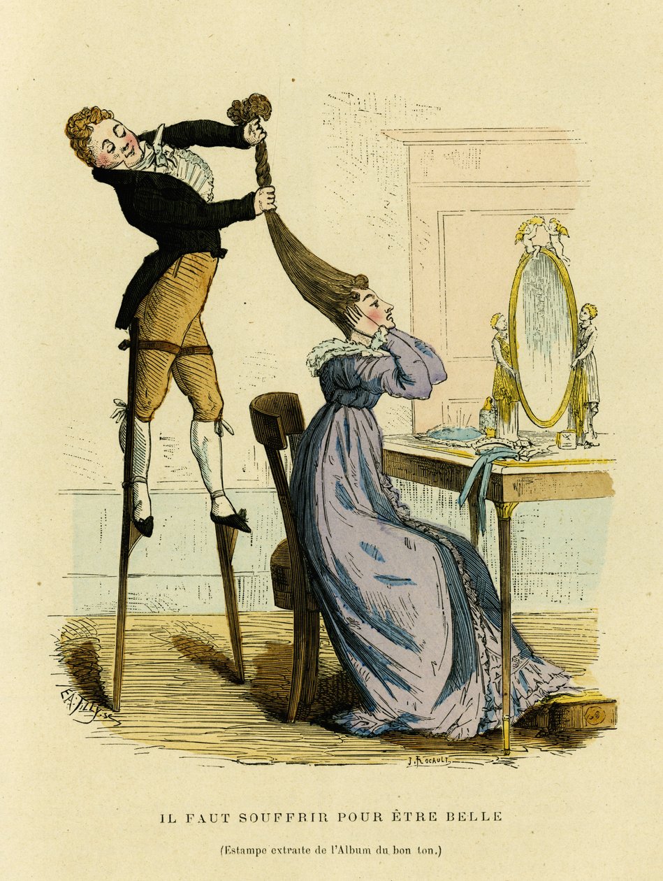Você tem que sofrer para ser bonito desenho satírico no qual um cabeleireiro sobe em um escaldão para preparar o penteado de uma mulher em frente ao seu espelho. Gravura a cores após uma estampa do Album du Bon Ton, em "France et les francais a travers les de French School