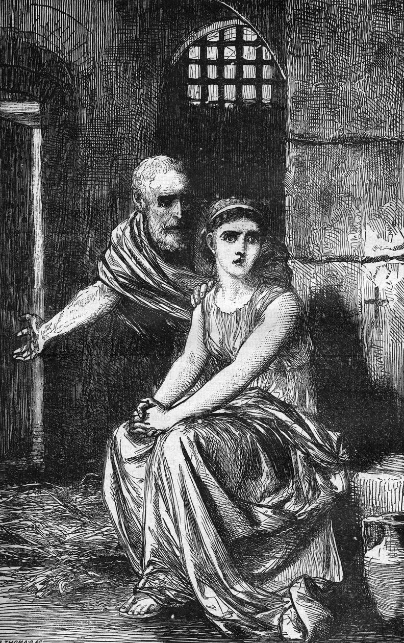 A jovem virgem cristã Theodora de Alexandria trancada numa casa de deboche por se recusar a desistir da sua fé. Gravação em "A história da prostituição e do deboche entre todos os povos do mundo desde a antiguidade até os dias de hoje" pelo Dr. Th. -F. de French School