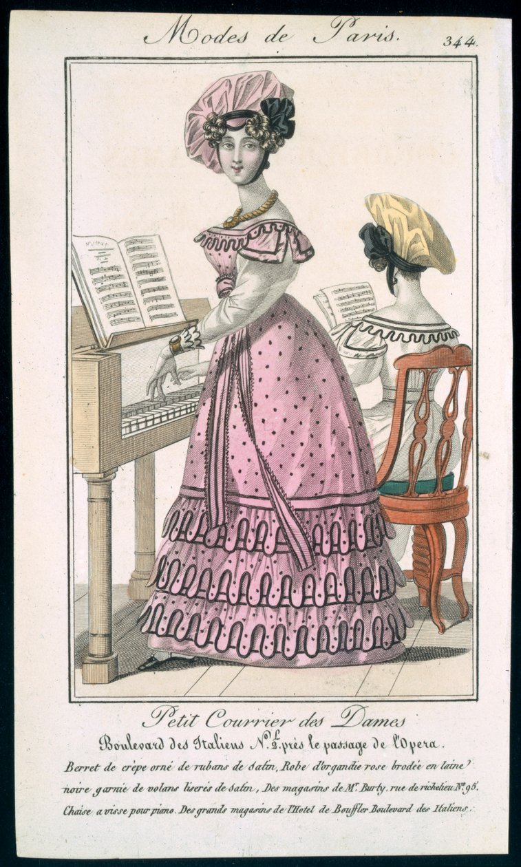 Mulher jovem em um vestido rosa Organdie aparado com preto e uma boina de crepe com fitas de cetim, anúncio de Modes de Paris, c.1825 de French School