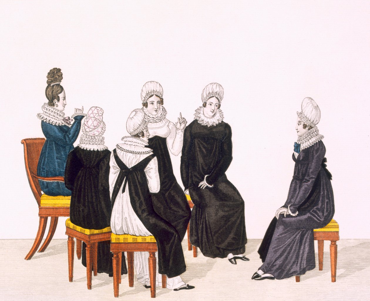 Mulheres jovens conversando, c. 1820 (gravura a cores) de French School
