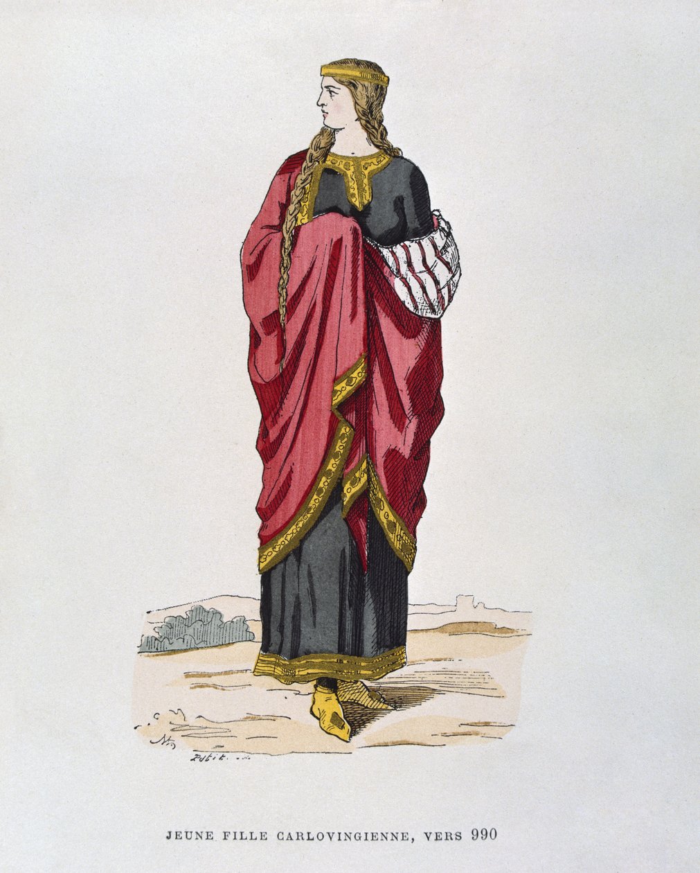 Jovem menina carolíngia, de c.990, de trajes civis e militares franceses ao longo dos séculos de French School