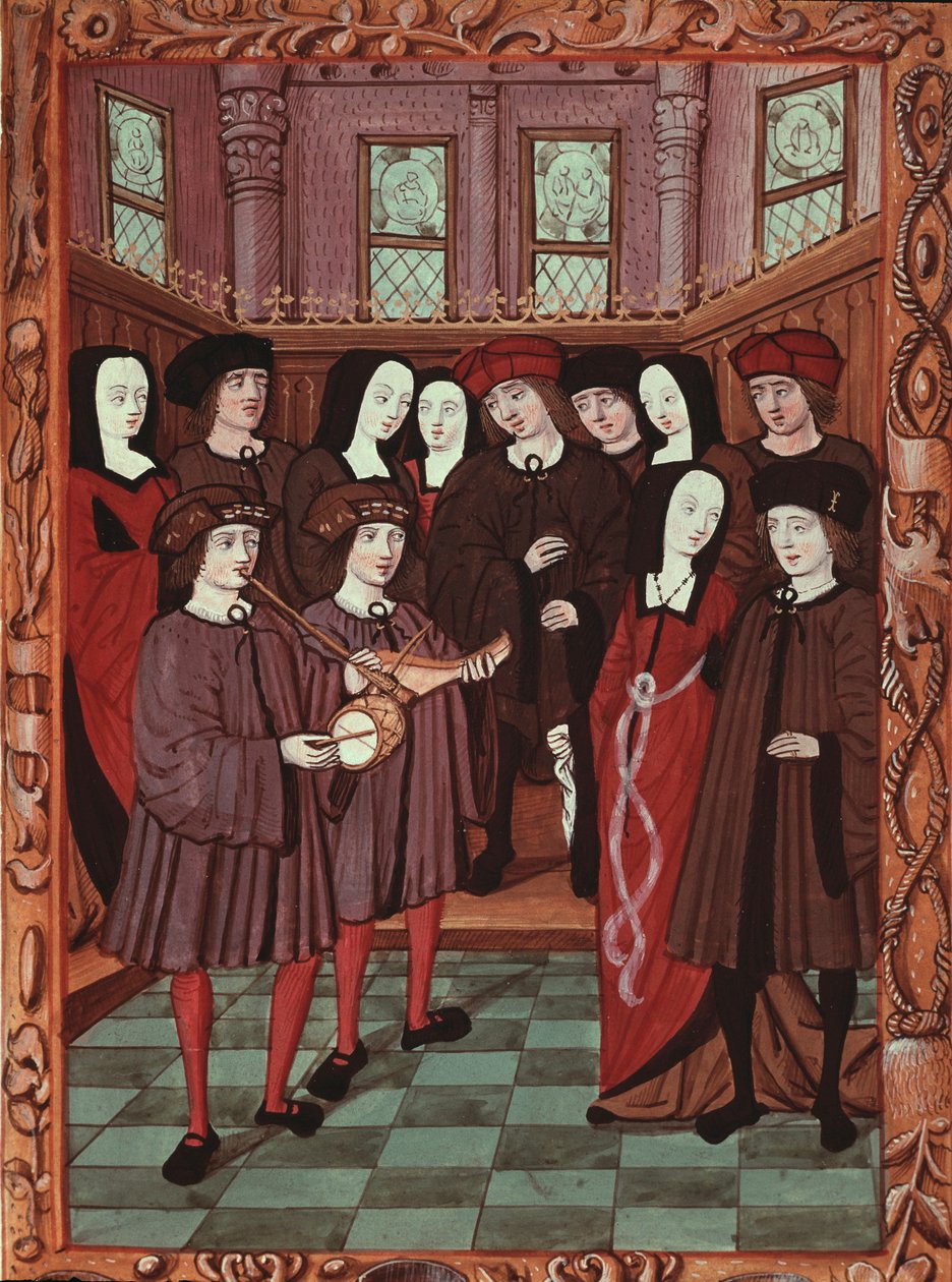 Jovem casal ouvindo músicos, imagem de um manuscrito francês de French School