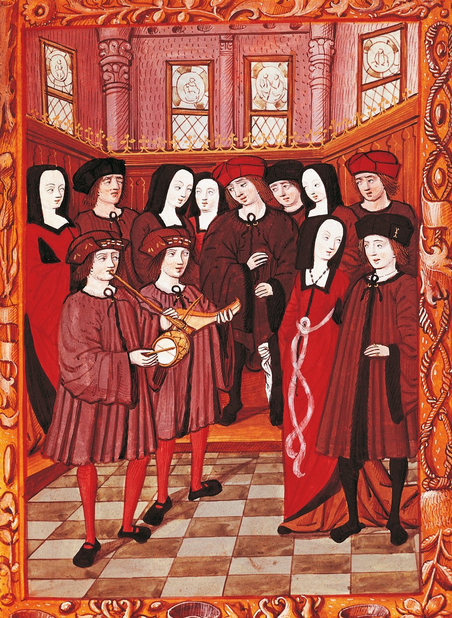 Jovem casal ouvindo músicos, imagem de um manuscrito francês de French School