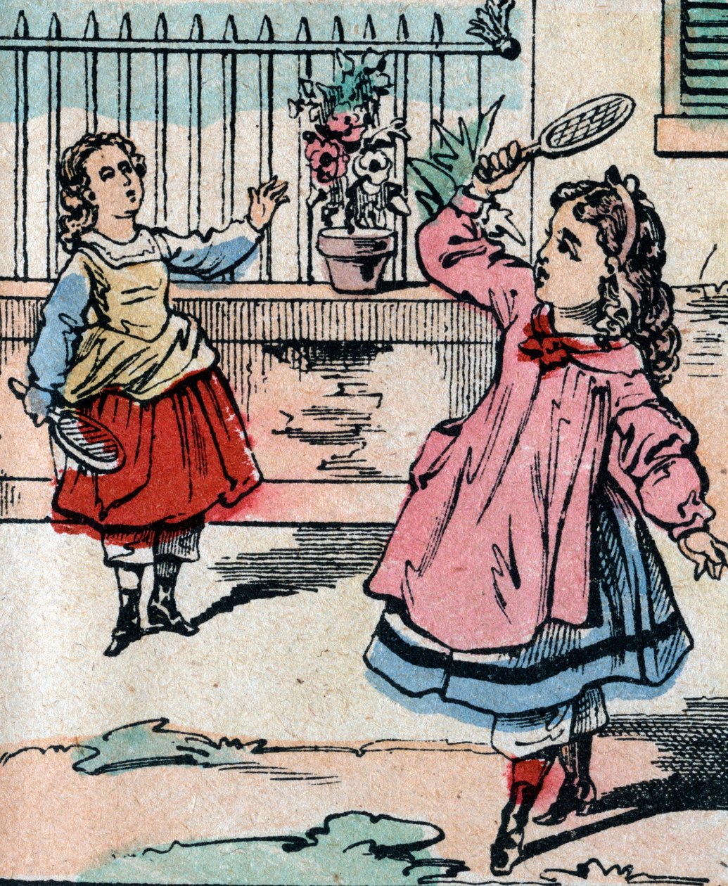 Jovens raparigas jogando battledore e shuttlecock, jogo precoce semelhante ao badmington - Imagem epinal - século XIX (gravura) de French School