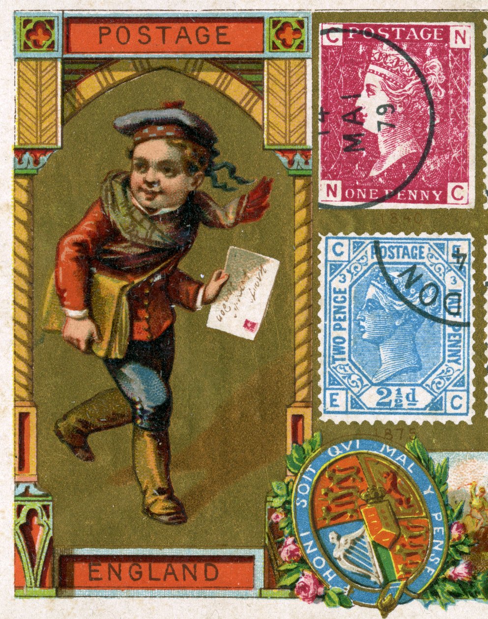 Jovem carteiro com seu saco de carta entregando uma carta na Inglaterra vitoriana, final do século XIX de French School