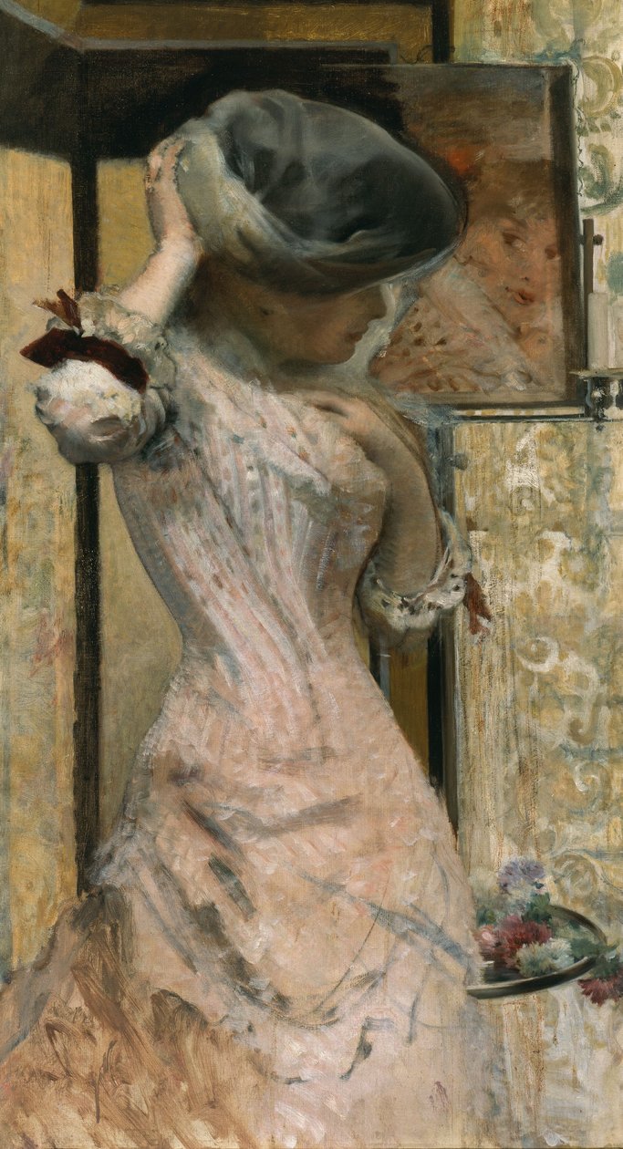 Mulher jovem em frente ao espelho, c.1879-83 (óleo sobre tela) de French School