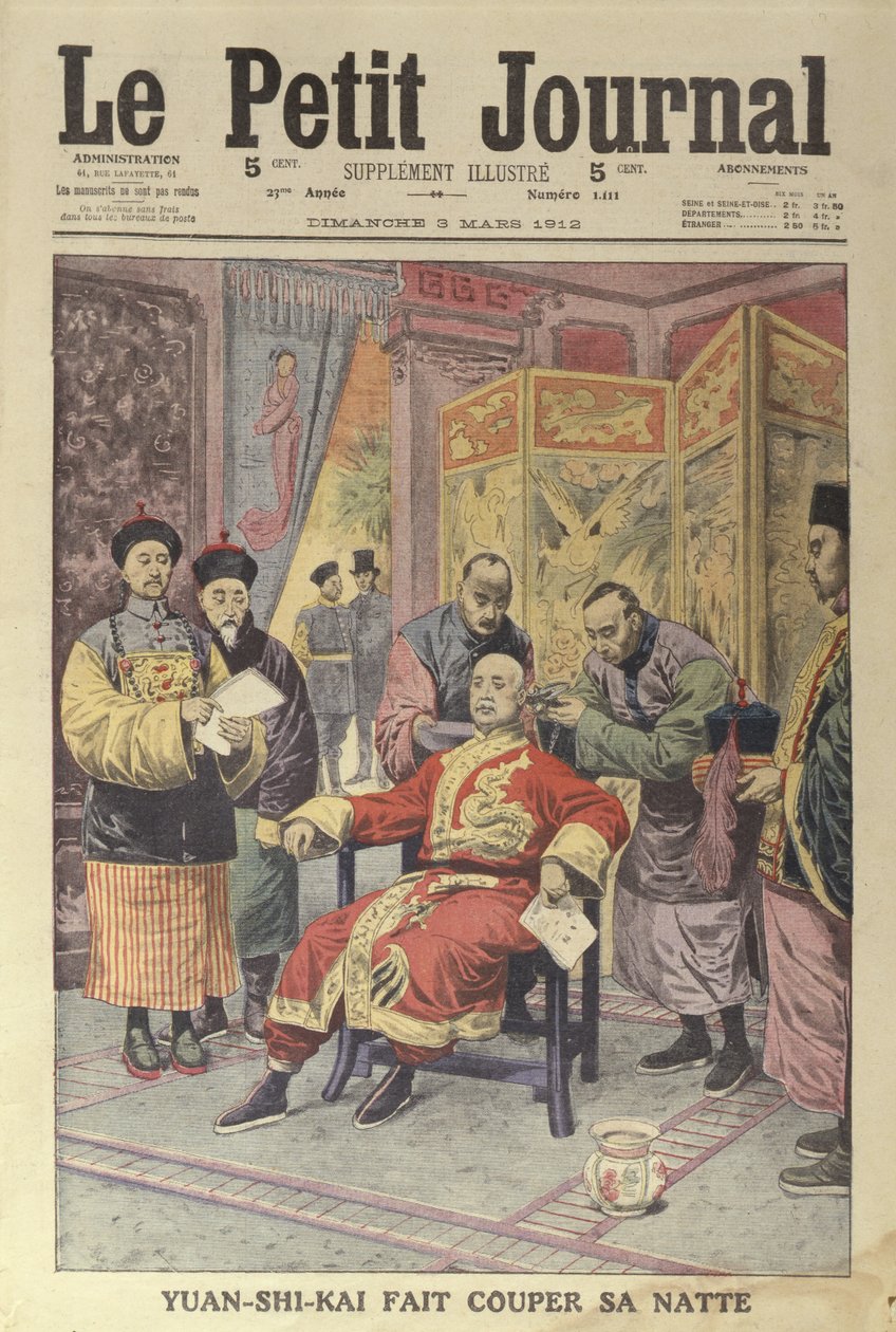 Yuan-Shi-Kai (1859-1916), tendo seu pigtail cortado, capa do Le Petit Journal, 3 de março de 1912 de French School