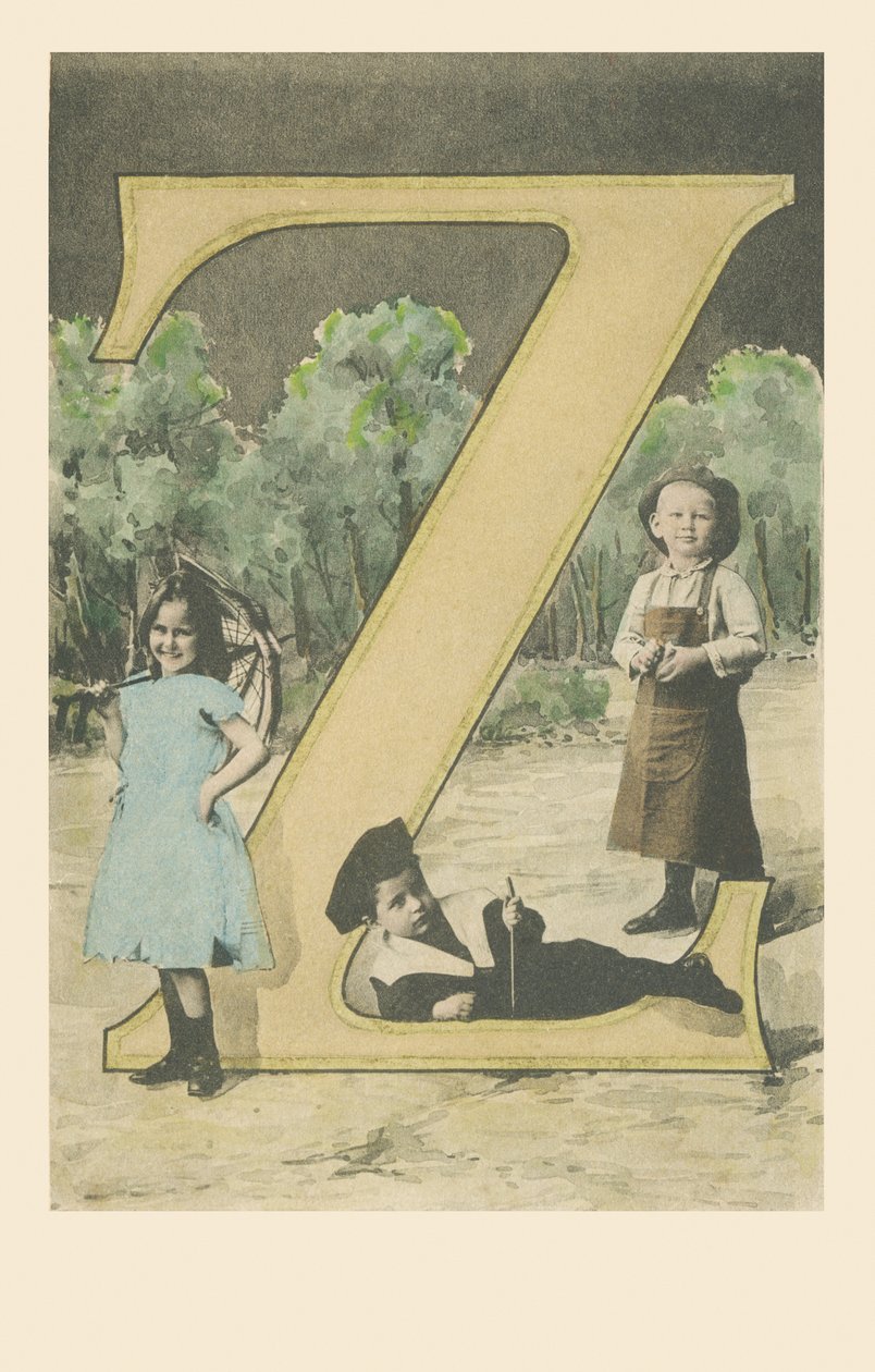 Z: Dois meninos, um com roupa de jardineiro, uma menina com guarda-chuva de French School