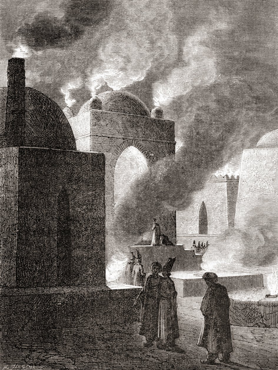 Adoradores do fogo zoroastriano num Templo de Fogo em Baku, Azerbaijão, de 