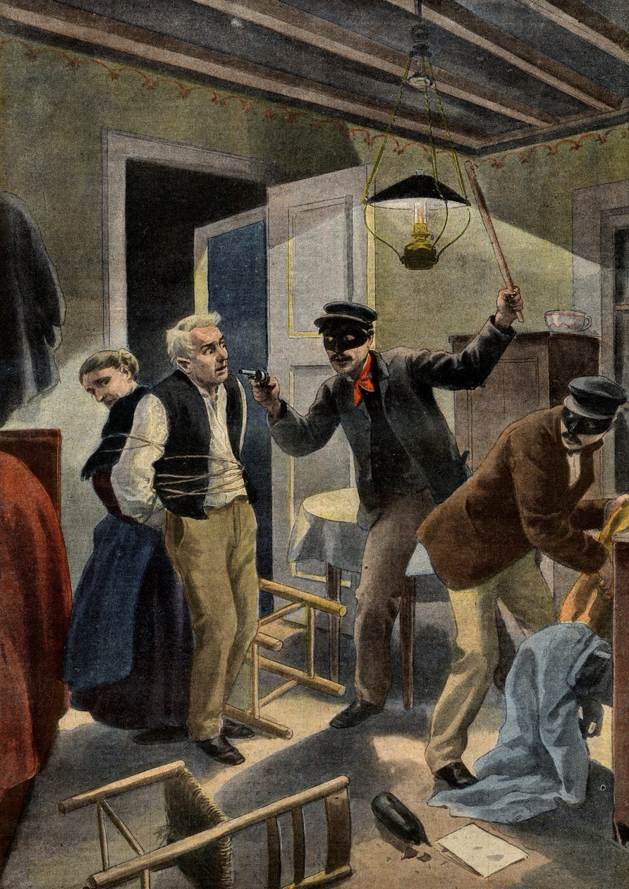 Banditry - Banditry - Um casal de idosos assaltados por intrusos mascarados em sua casa nos Gers, França. Cena de banditismo nos Gers. Ilustração para o Le petit Journal, 26 de Janeiro de 1902. de French School