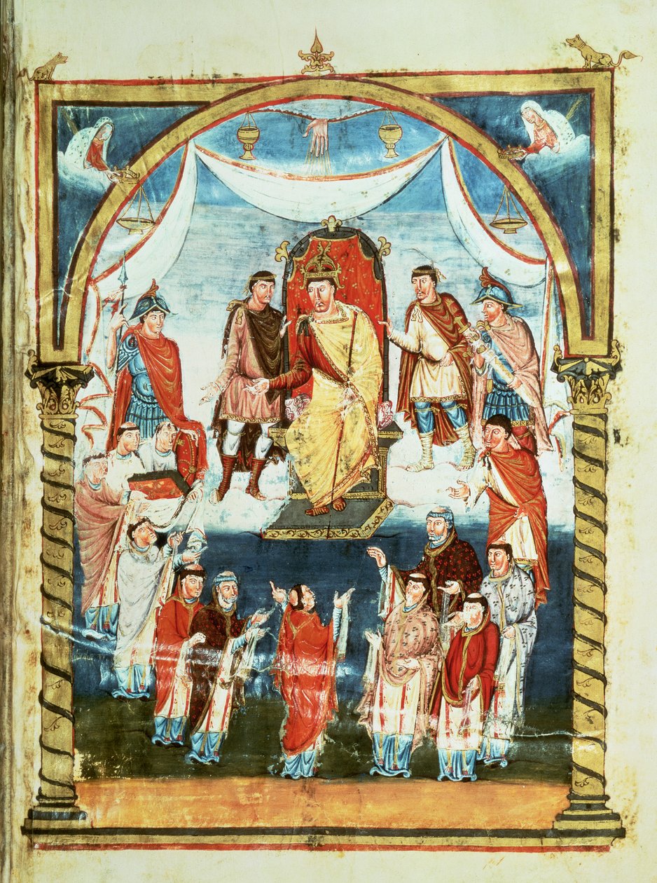 ds Lat 1 fol.423r Rei Charles II Recebendo uma Bíblia do conde Vivian e dos monges de Saint-Martin de Tours, da Primeira Bíblia de Carlos, o Calvo, c.843-51 de French School