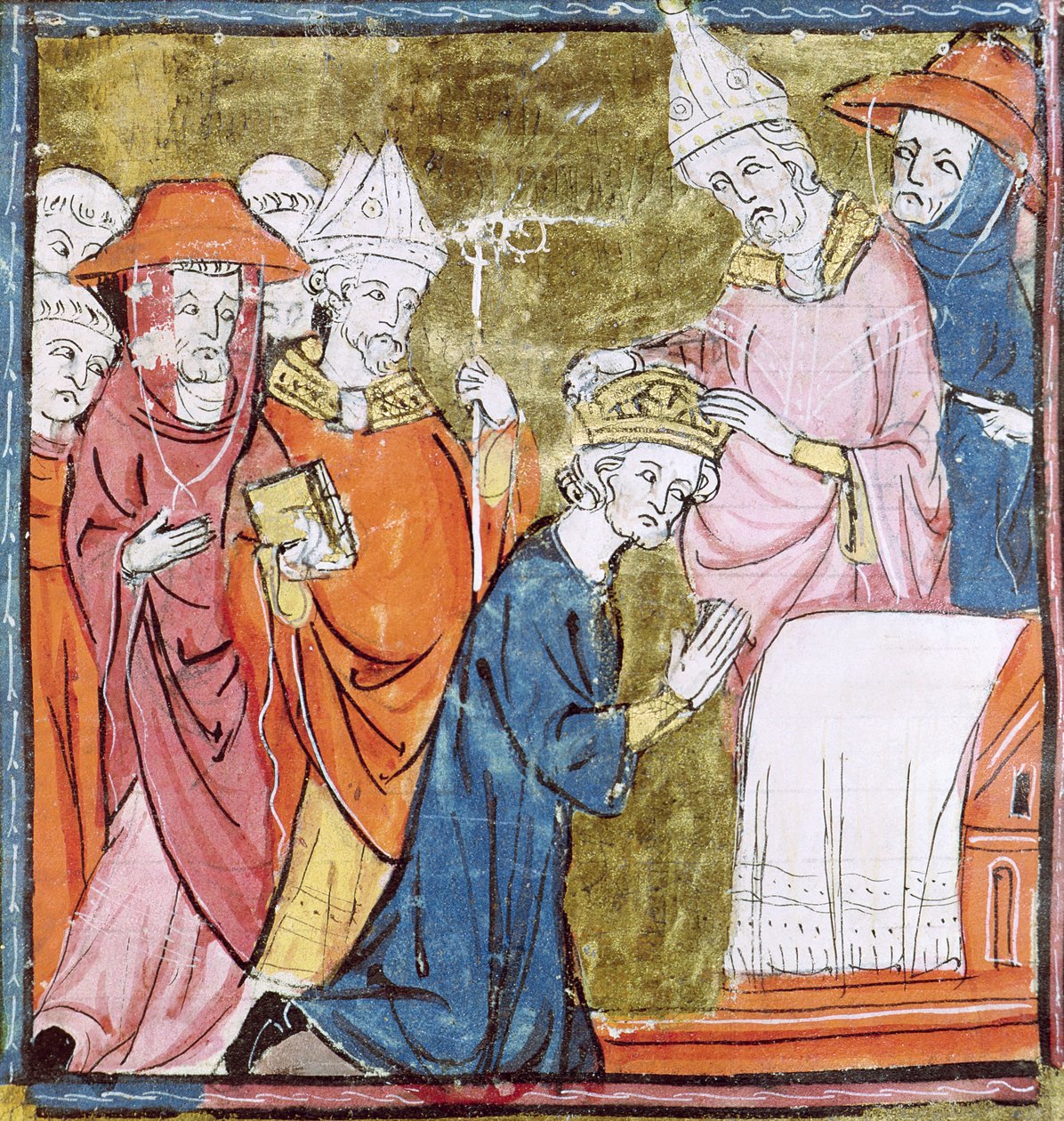 f.106r A coroação do imperador Carlos Magno (742-814) pelo papa Leão III (c.750-816) em St. Peters, Roma em 800, Grandes Chroniques de France, 1375-79 de French School