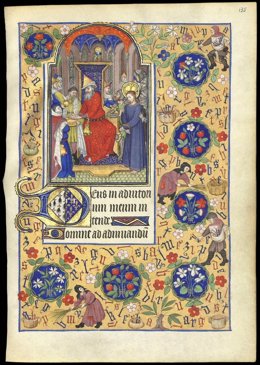 f.135r Miniatura de Pilatos lavando as mãos do destino de Jesus, do &39;Livro das Horas de Marguerite d&39;Orleans&39; de French School
