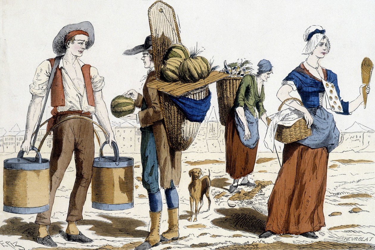 ilustração dos trajes de Paris no século XVIII: carregador de água, comerciante de melões, chiffonnier, comerciante de prazeres. de French School