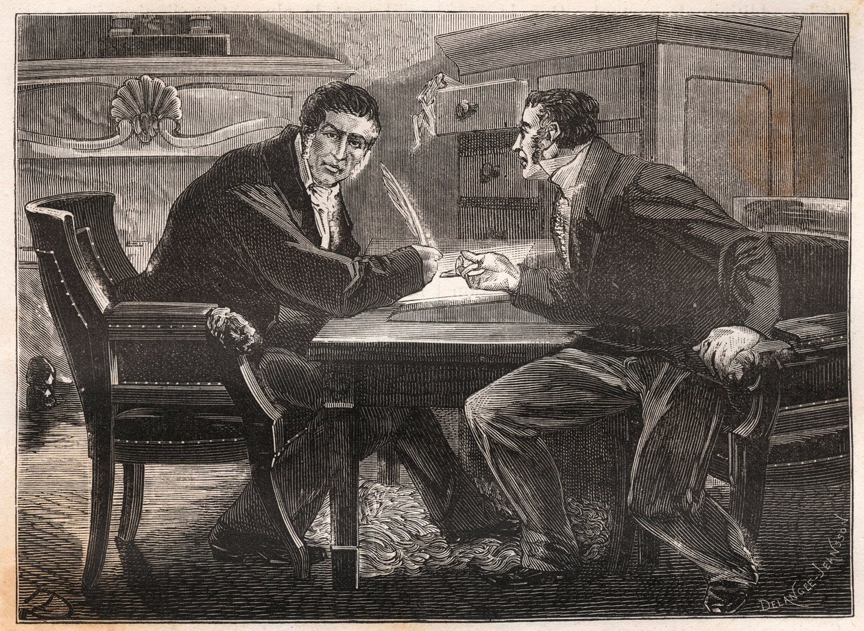 monarquia de julho - ministério dos três dias - entrevista entre André Dupin (1783-1865) e Jean-Charles (Jean-Charles) Persil (1785-1870) - 1834 - gravura de French School