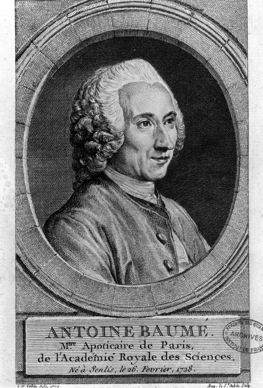 retrato de Antoine Baumé (1728-1804), químico e farmacêutico francês. Apoticaire de Paris. Gravura de 1772. de French School