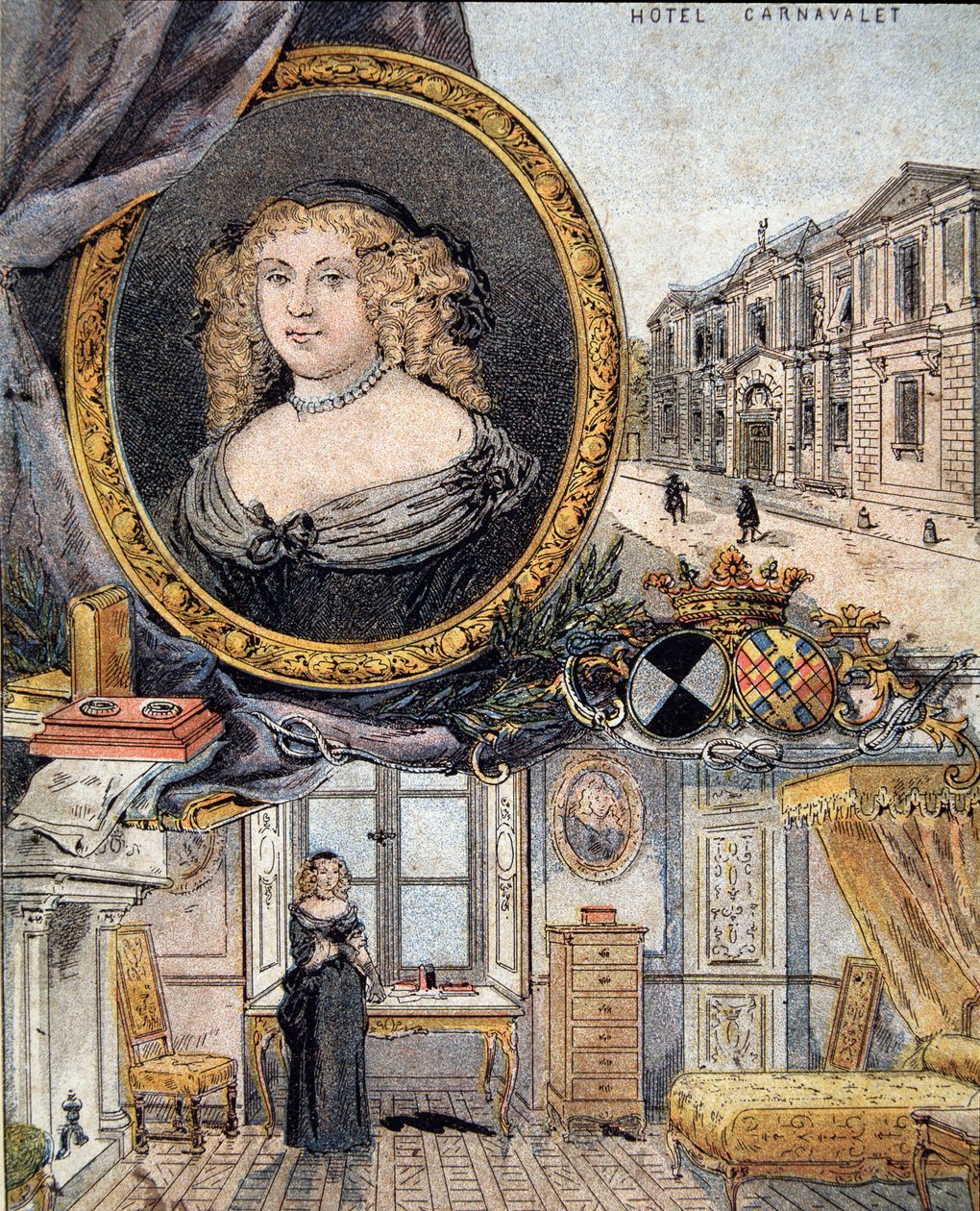retrato de Marie de Rabutin-Chantal (Rabutin Chantal), Marquesa de Sevigne conhecida como Madame de Sevigne (1626-1696) e sua residência Hotel Carnavalet. de French School