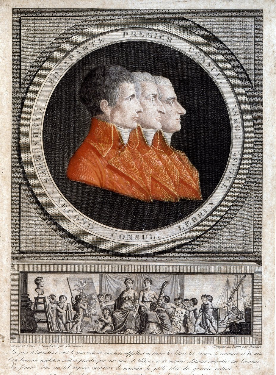 retrato dos três cônsules, Napoleão Bonaparte (1769-1821), Jean Jacques Regis (Jean-Jacques-Regis) de Cambaceres (1753-1824) e Charles François Lebrun (1739-1824) ”” de French School