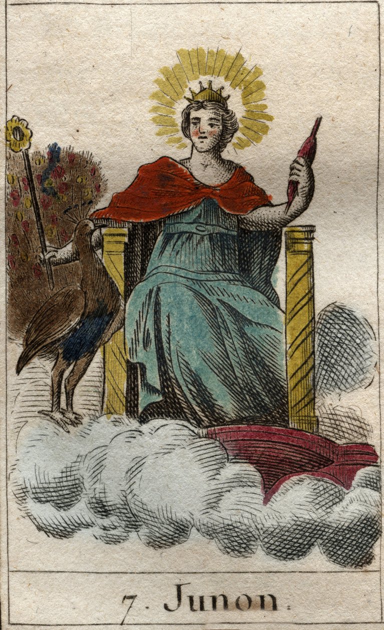 representação da divinita Juno, rainha dos deuses e do céu, ela é irmã e esposa de Júpiter (Representação de Juno, rainha dos deuses, esposa e irmã de Júpiter). Da "Mitologia da Juventude", de Pierre Blanchard 1803. de French School