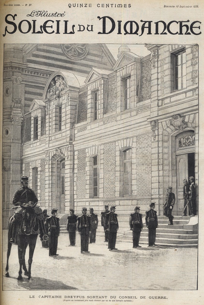 o caso Dreyfus - O capitão Alfred Dreyfus saindo do Conselho de guerrilha - Caso Dreyfus - Proces de Rennes - Alfred Dreyfus saindo do Conselho de guerrilha (1899) - "Le soleil du diamanche" de 1899 de French School