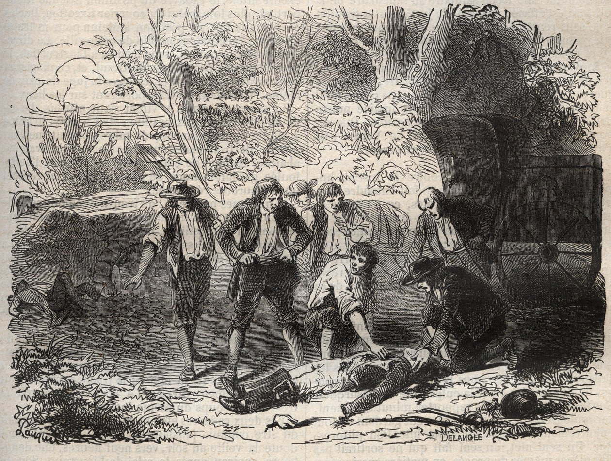 o caso do correio de Lyon - Affaire du courrier de Lyon - la malle-poste est atacada em Seine et Marne por 5 indivíduos em 28 de Abril de 1796 - Gravação em "Causes celebres de tous les peuples" por Armand Fouquier (1817-18?) 1858-1867 - coleção particular de French School