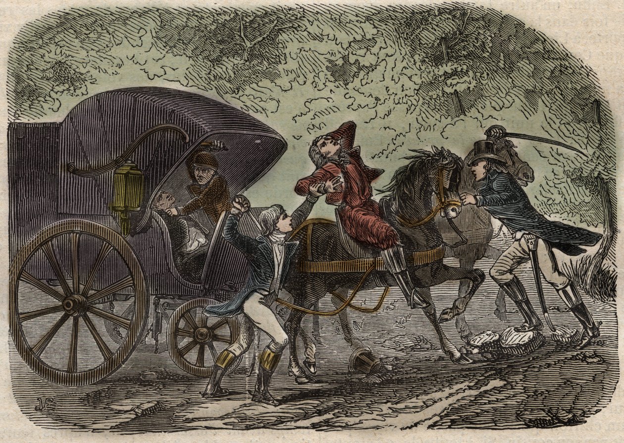 o caso do correio de Lyon - Affaire du courrier de Lyon - la malle-poste est atacada em Seine et Marne por 5 indivíduos em 28 de Abril de 1796 - Gravação em "Causes celebres de tous les peuples" por Armand Fouquier (1817-18?) 1858-1867 - coleção particular de French School