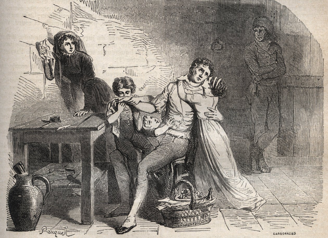 o caso do correio de Lyon - Case du courrier de Lyon: O adeus de Joseph Lesurques à sua família: supostamente envolvido no caso do correio de Lyon em 1796 foi acusado injustamente de ter atacado o tronco do correio de Lyon e foi guilhotina - Engraving in " de French School