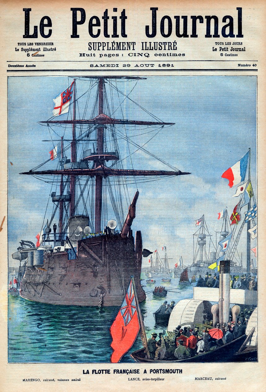 a frota francesa em Portsmouth: o navio "Marengo", o torpedo "Lance" e o navio de guerra "Marceau", primeira página do Petit Journal du 29 august 1891 (gravura) de French School