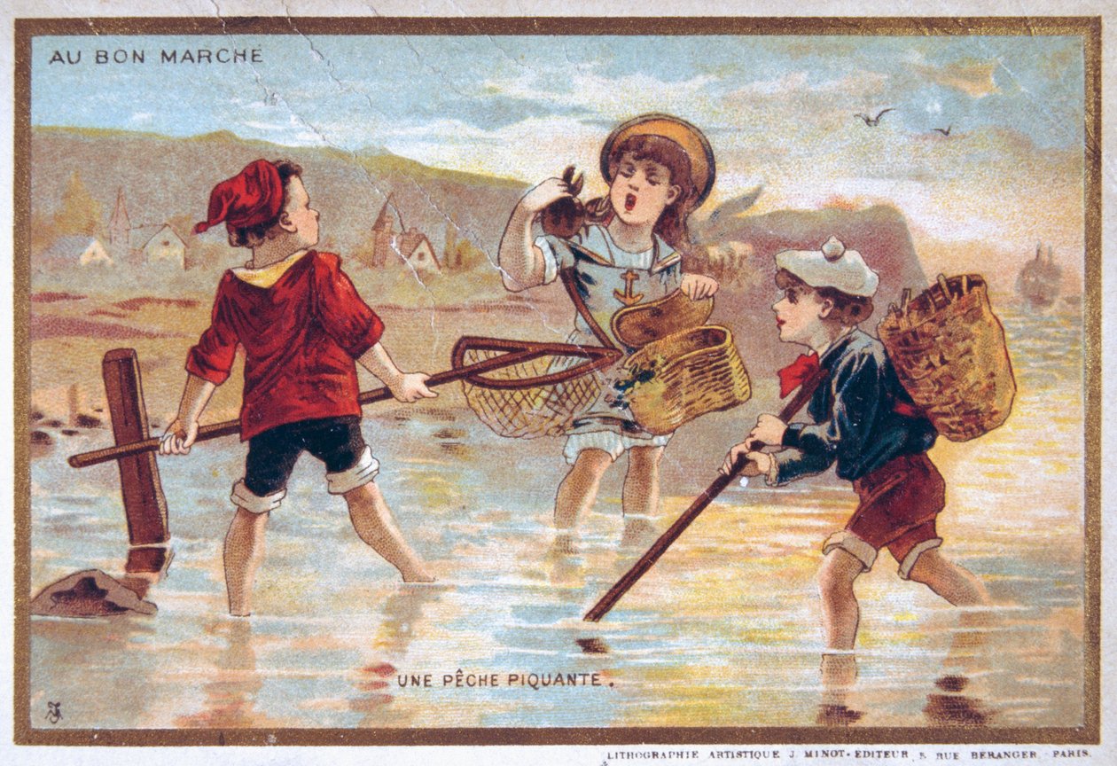 postal vintage representando crianças numa praia de French School