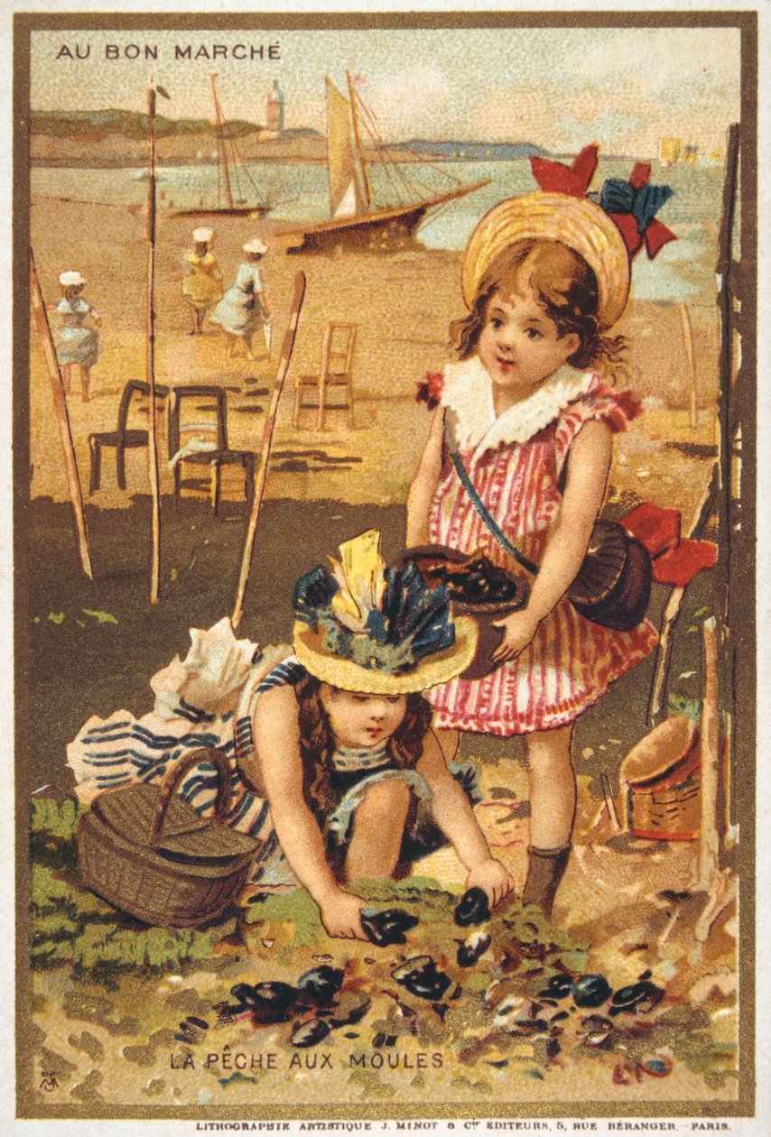 postal vintage representando crianças numa praia de French School