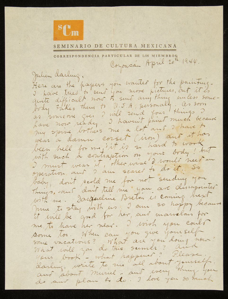 Carta de Frida Kahlo a Julien Levy, em inglês, 20 de abril de 1944 (caneta e tinta sobre papel) de Frida Kahlo