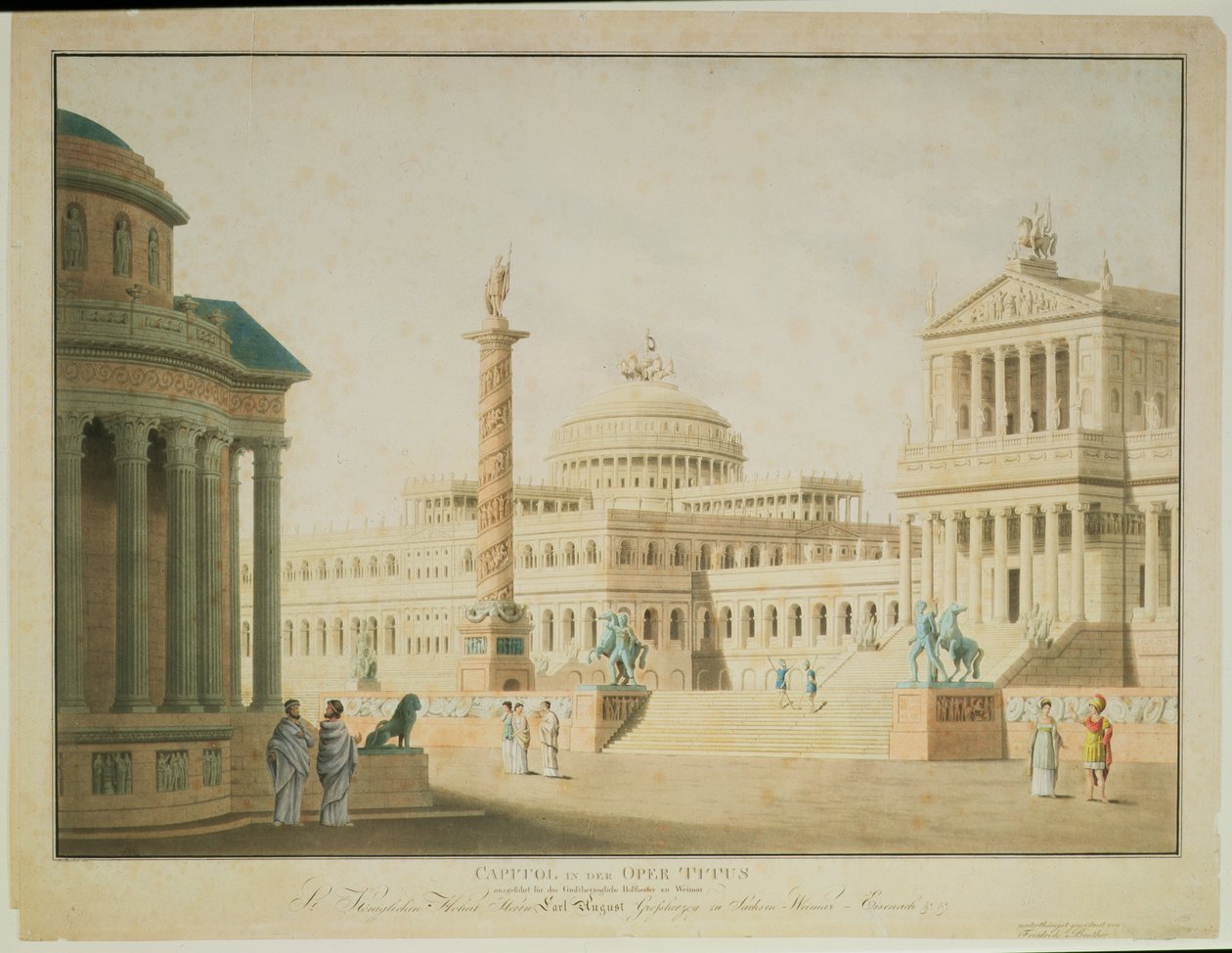 The Capitol, cenografia para &39;Titus&39;, de Wolfgang Amadeus Mozart (1756-91), a performance dirigida por Anton Genast no Hoftheater de Viena, gravada pelo artista, 1815 de Friedrich Beuther