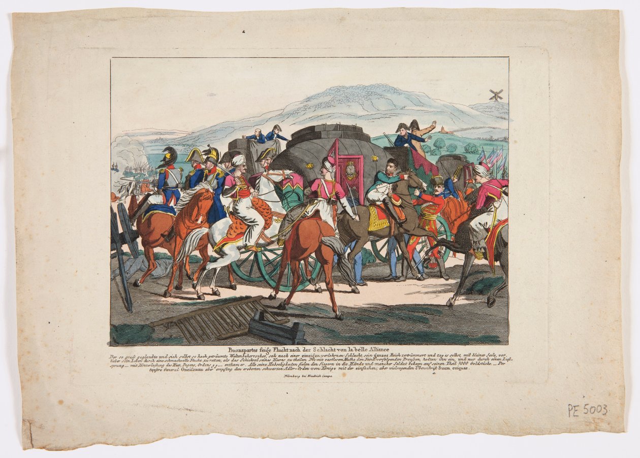 O vôo de Napoleão da Batalha de Waterloo, 1815 (gravura colorida) de Friedrich Campe