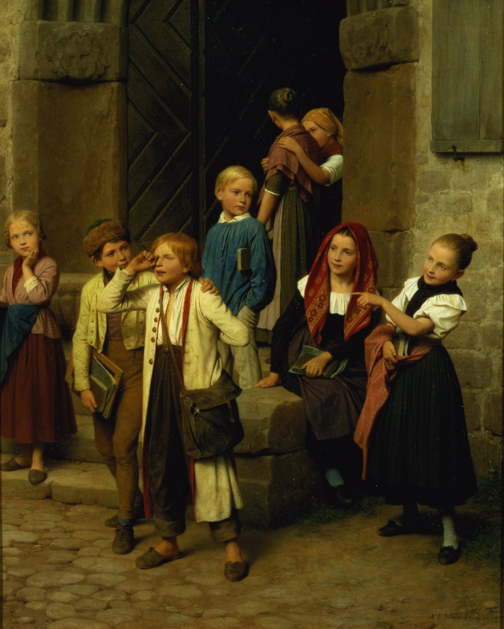 Crianças em idade escolar assistindo a um garoto chorar, 1861 de Friedrich Edouard Meyerheim