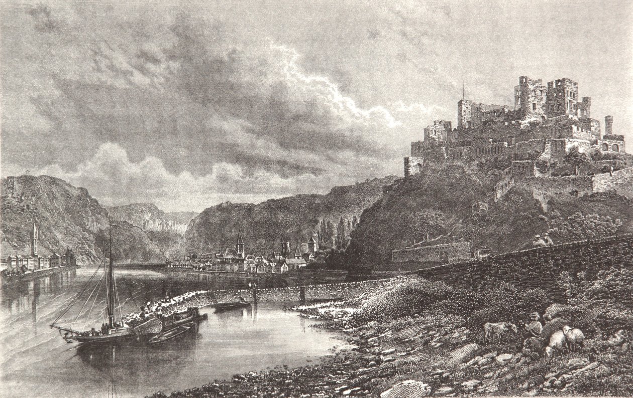 Sankt Goar, gravura em aço de um Rheinalbum de Pierre Joseph Redouté