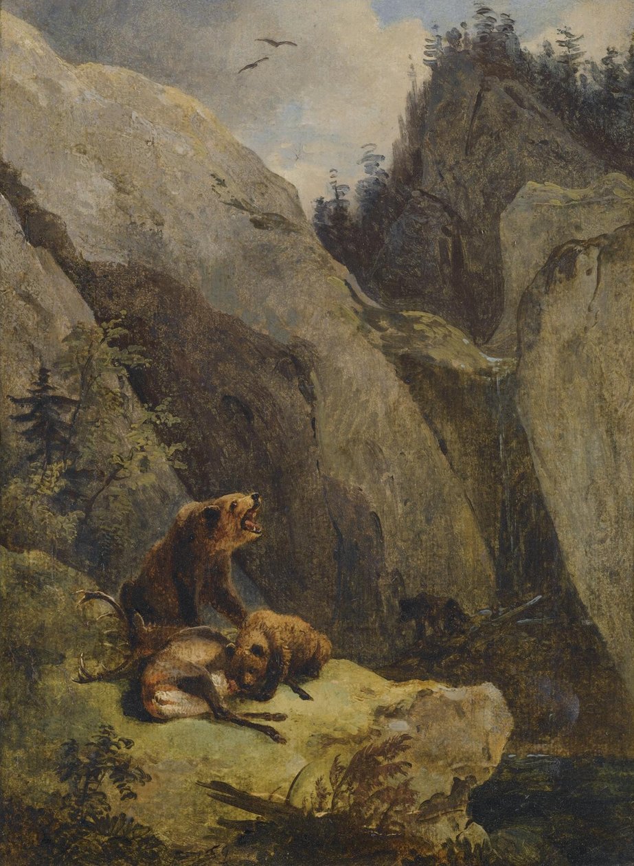 Ursos desmontam um cervo de Friedrich Gauermann