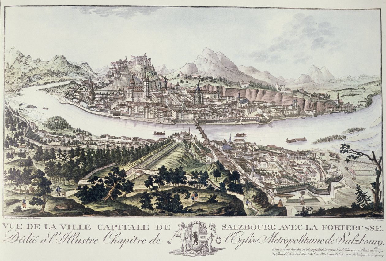 Vista da Capital e Fortaleza de Salzburgo, dedicada ao Ilustre Capítulo da Igreja Metropolitana de Salzburgo, 1791 de Friedrich Gotthard Naumann
