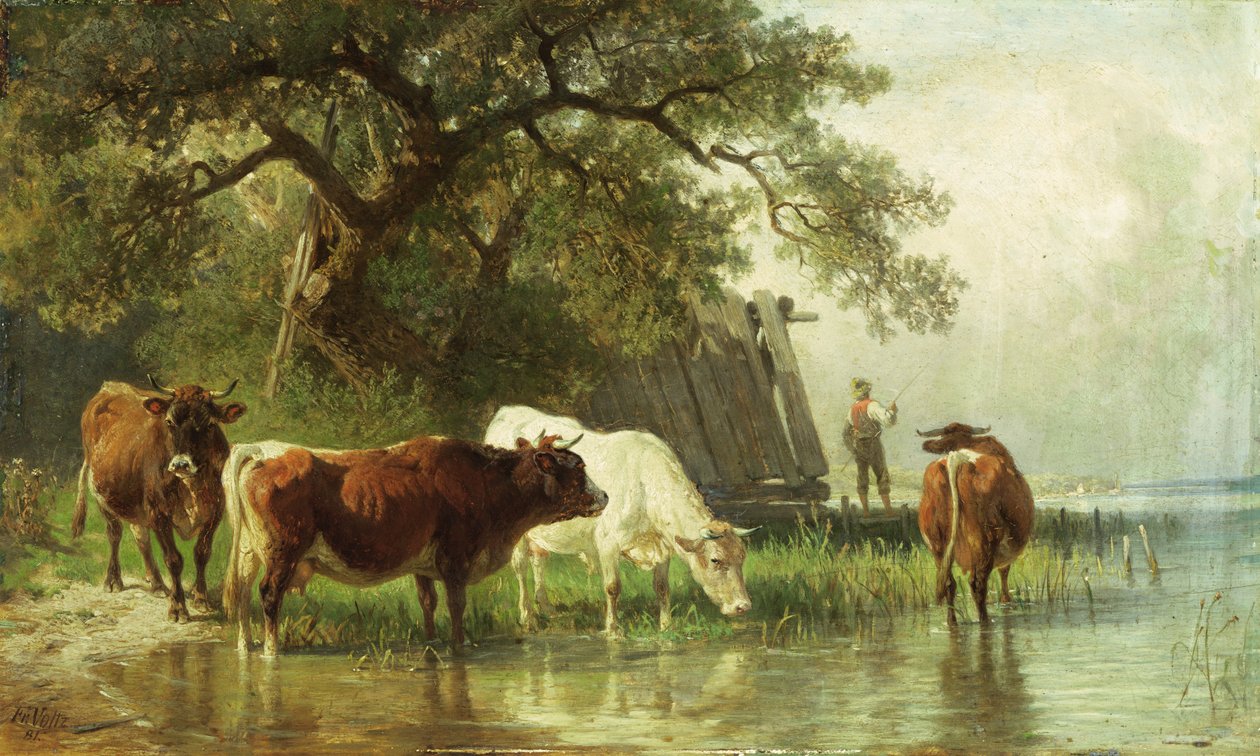 Rega de gado em uma paisagem do rio, do século XIX de Friedrich Johann Voltz