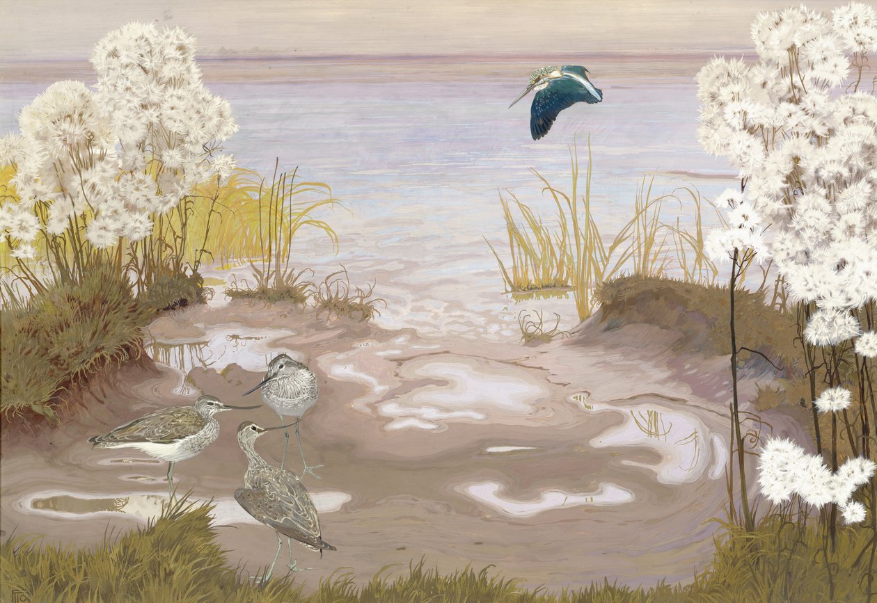 Pássaro nos Planos de Lama do Elba, 1910 (tempera no cartão) de Friedrich Lissmann