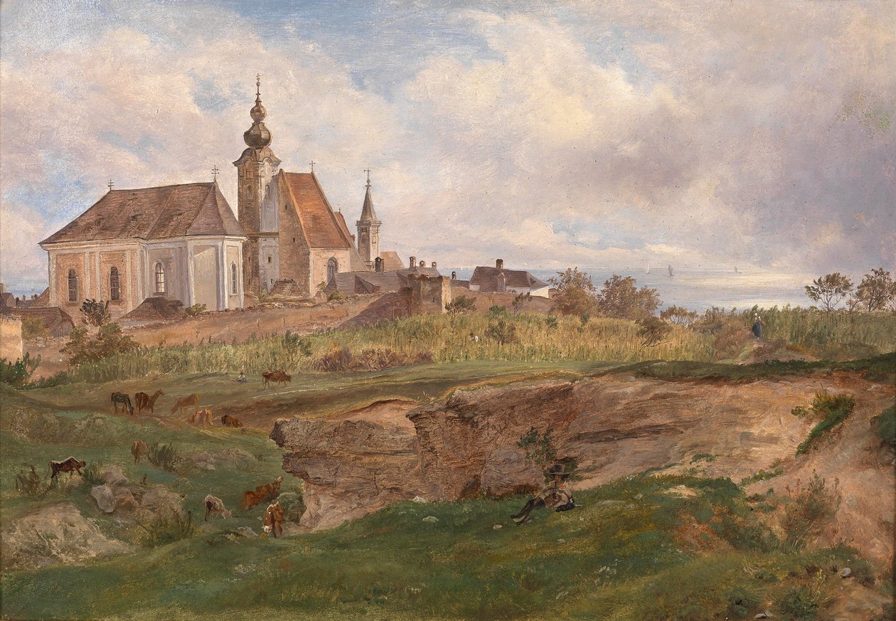 Vista da Fischerkirche em ferrugem no lago Neusiedl de Friedrich Loos