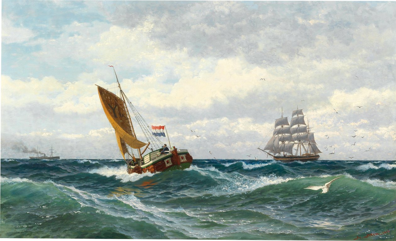Barcos de pesca reunião no alto mar de Friedrich Ludwig Christian Sturm