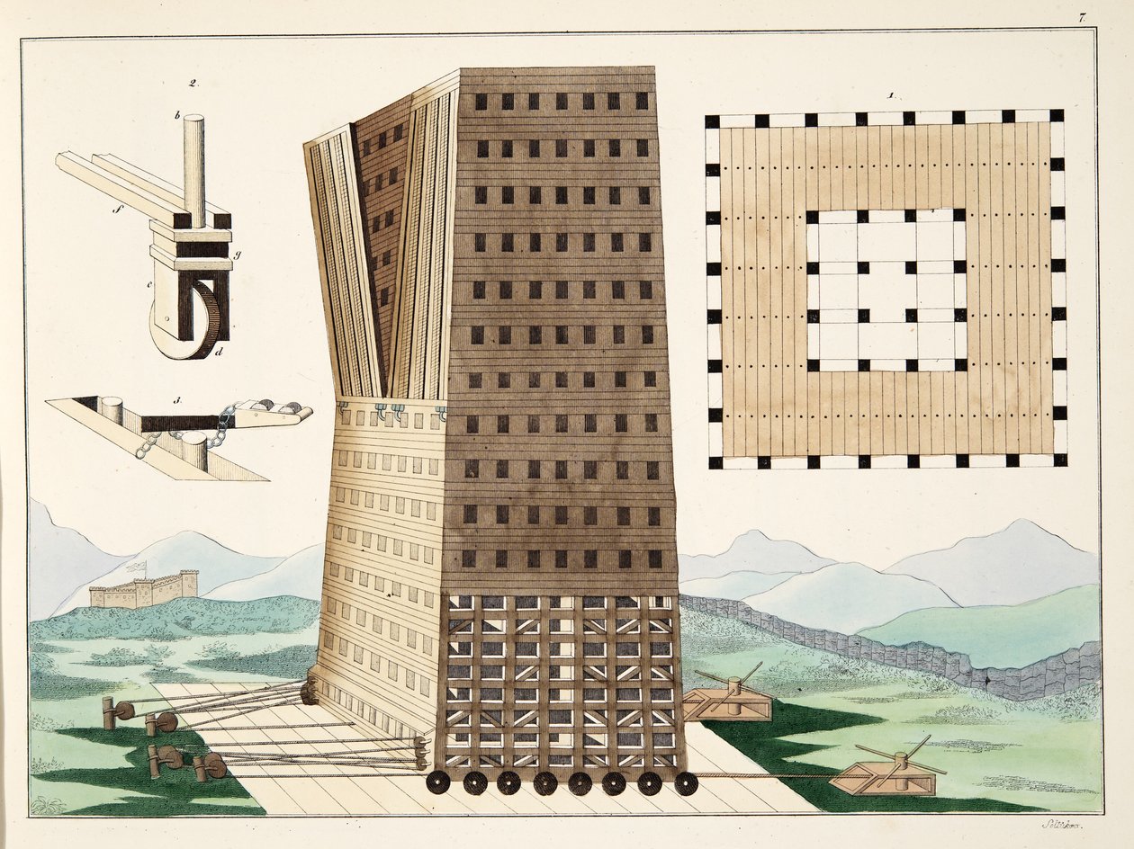 Torre de Demetrius Poliorcetes (336-283 aC) durante o Cerco de Rodes em 305 aC, placa de &39;Uma História do Desenvolvimento e Costumes de Cavalaria&39;, do Dr. Franz Kottenkamp, publicado por Carl Hoffmann de Friedrich Martin von Reibisch